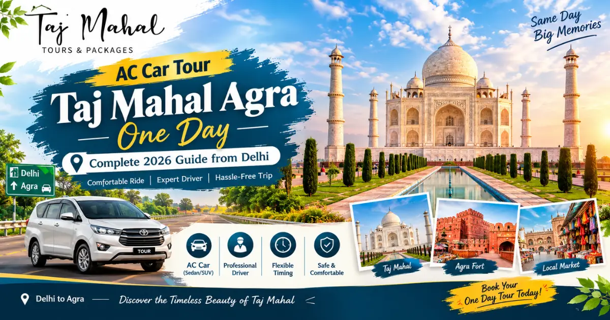 AC Car Tour from Delhi to Taj Mahal Agra featuring a comfortable car journey, Taj Mahal, Agra Fort, local market, professional driver, and one-day tour experience.