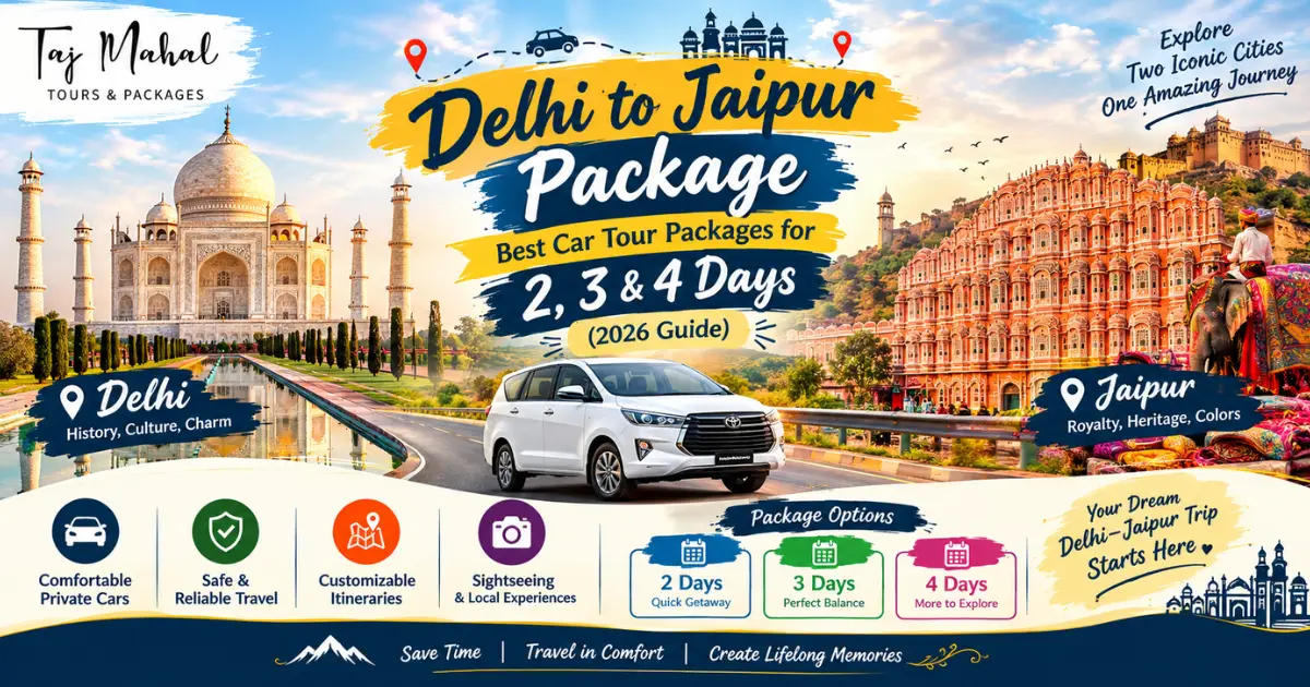 Delhi to Jaipur package tour featuring the Taj Mahal, Hawa Mahal, Jaipur heritage, a private car, and 2, 3, and 4-day travel options for 2026.