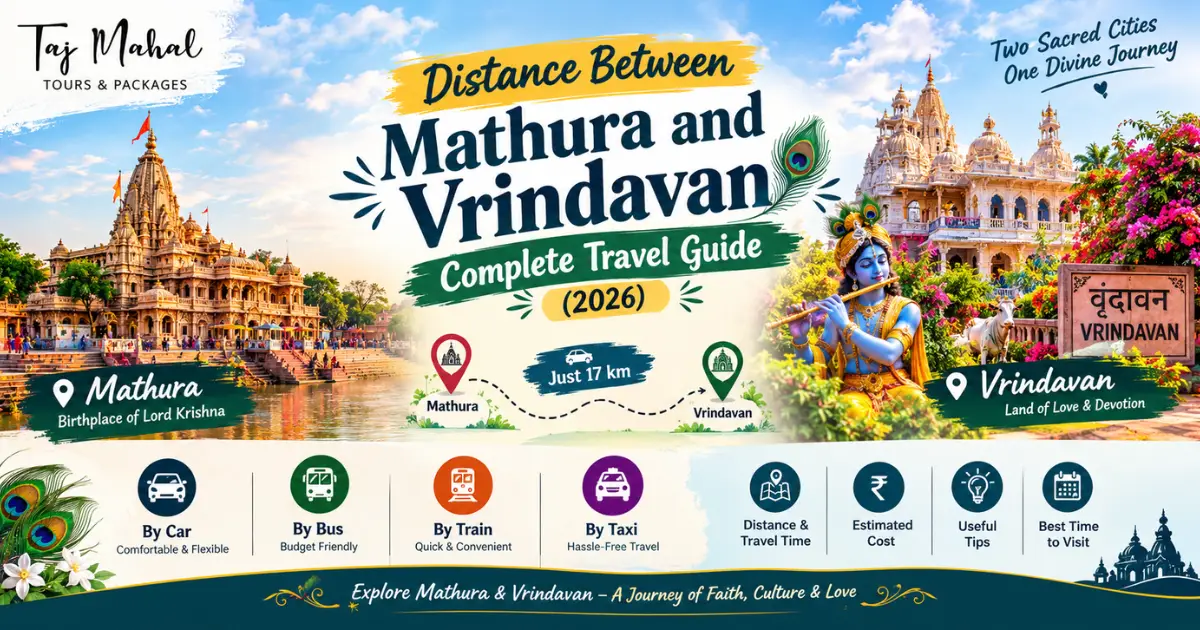 Distance between Mathura and Vrindavan travel guide 2026 featuring temples, Lord Krishna, the route between the two sacred cities, and travel options by car, bus, train, and taxi.