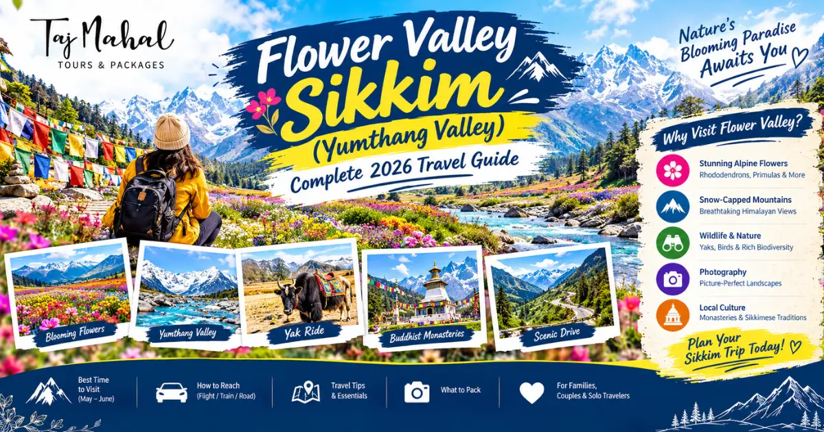 Flower Valley Sikkim Yumthang Valley travel guide with blooming alpine flowers, Himalayan mountains, scenic landscapes, monasteries, and travel highlights