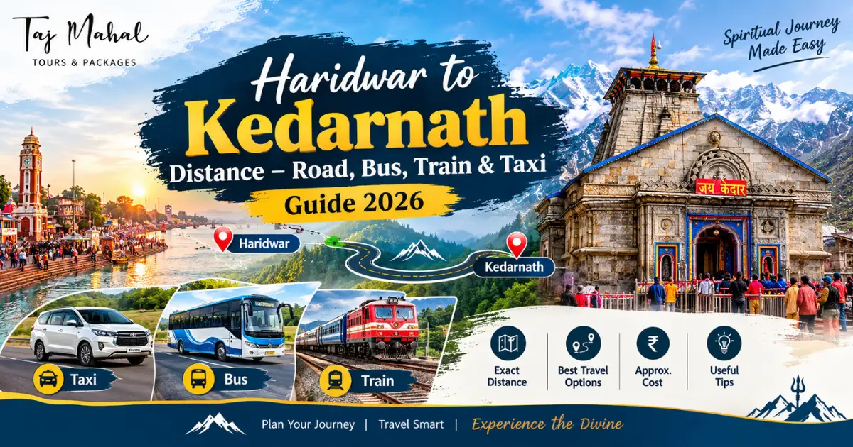 Haridwar to Kedarnath travel guide 2026 featuring Haridwar Ganga Ghats, Kedarnath Temple, Himalayan mountains, and transportation options by road, bus, train, and taxi.