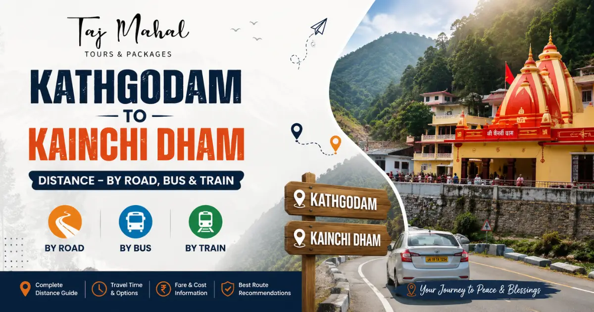 Kathgodam to Kainchi Dham distance by road, bus and train, featuring a scenic Himalayan road, Kainchi Dham temple, and travel route information.