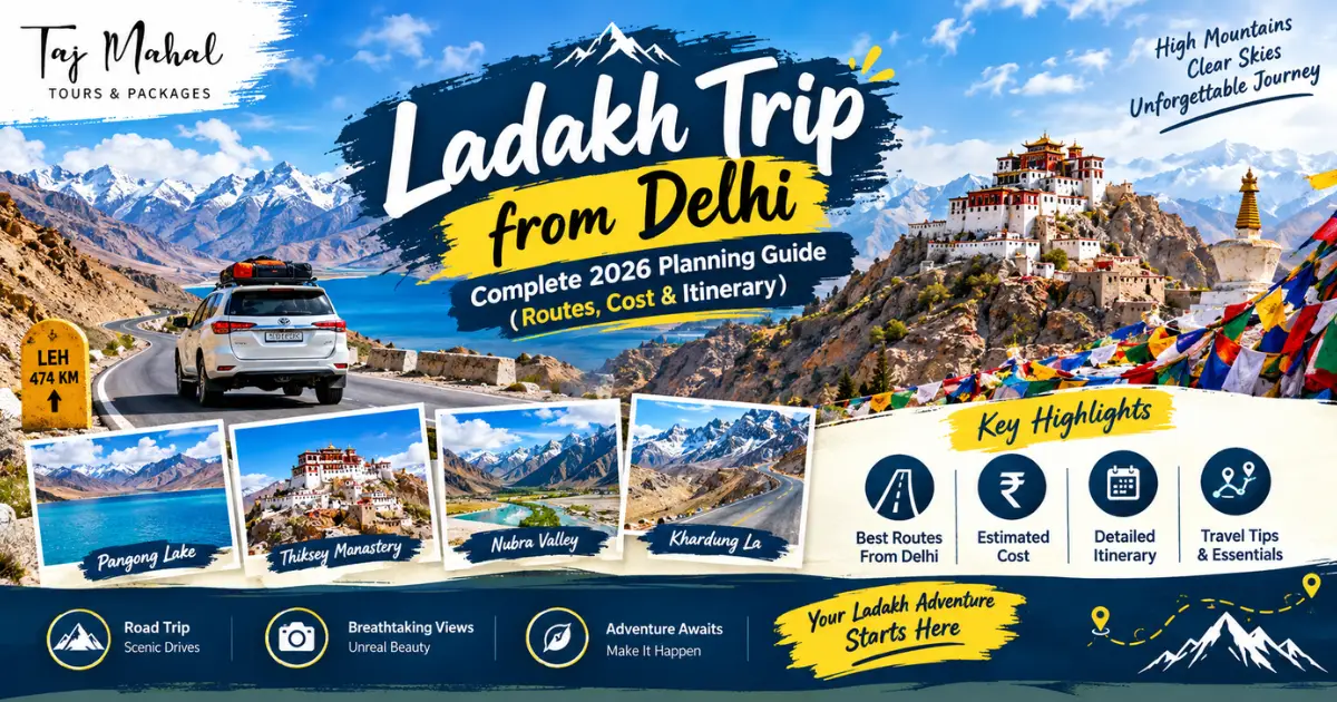 Ladakh trip from Delhi featuring scenic Himalayan mountains, Pangong Lake, Thiksey Monastery, Nubra Valley, Khardung La, and a road-trip route in a 2026 travel guide.