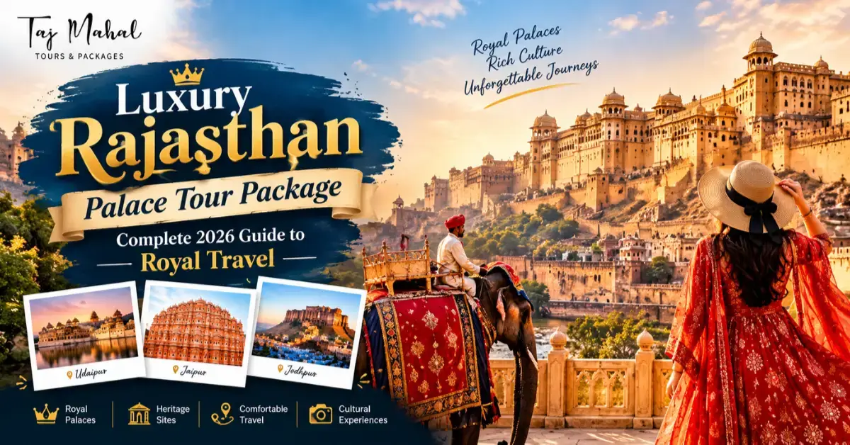 Luxury Rajasthan Palace Tour Package 2026 featuring royal palaces, Jaipur, Udaipur, Jodhpur, and traditional Rajasthan travel experiences.