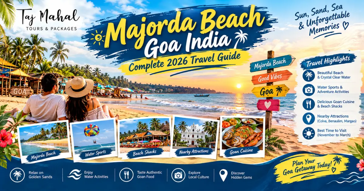 Majorda Beach Goa India with golden sands, palm trees, beach shacks, water sports, and scenic sunset