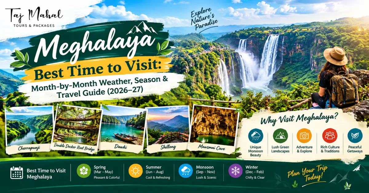 Meghalaya best time to visit guide for 2026–27 featuring scenic waterfalls, lush green hills, Dawki, Cherrapunji, Shillong, root bridges, Mawsmai Cave, and seasonal travel information.