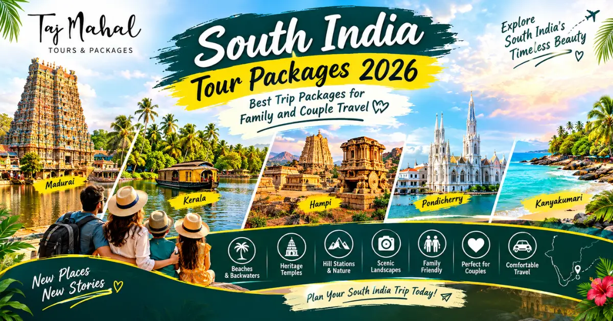 South India Tour Packages 2026 featuring Madurai, Kerala, Hampi, Pondicherry and Kanyakumari